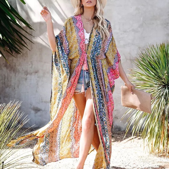 Amelia Colorful Print Tie Waist Kimono Top - Picture 2 of 11